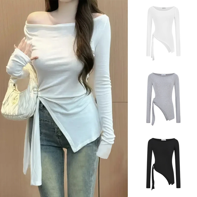 Moses Queen/魔西女王早秋一字领不规则开叉绑带收腰显瘦长袖上衣