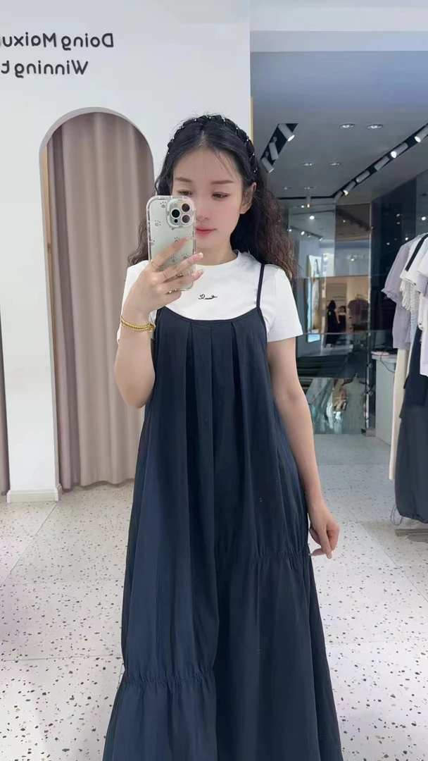 圆领正肩短袖T恤抽褶吊带连衣长裙夏季新款女装