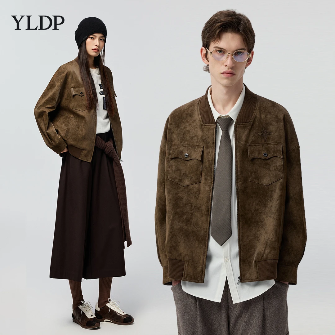 YLDP高街复古立体口袋棒球服八芒星繁花刺绣拉链皮夹克皮衣外套