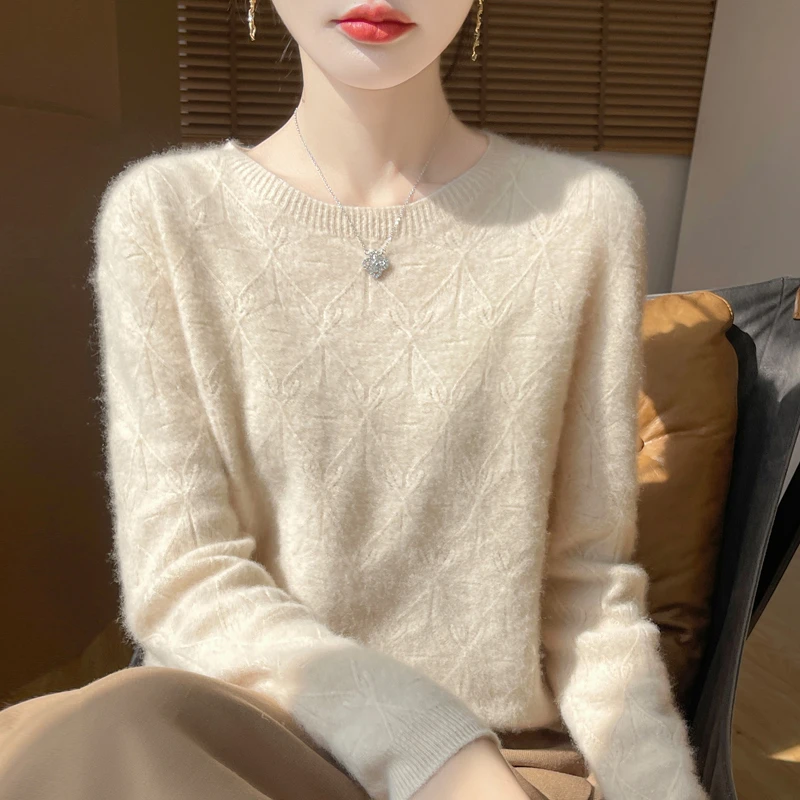 一线成衣羊毛衫女士圆领镂空韩版时尚100%纯羊毛针织打底衫百搭