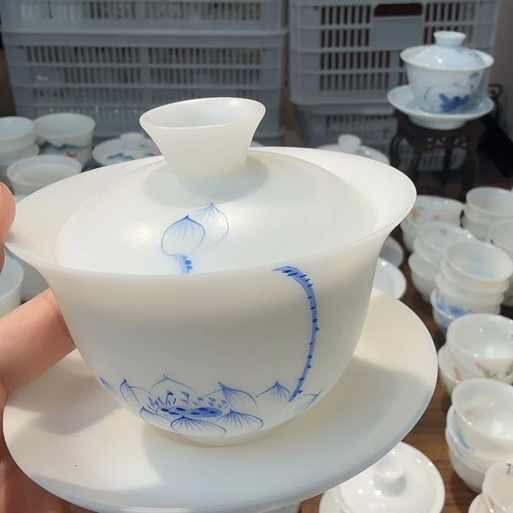 冰种手绘素烧三才荷花