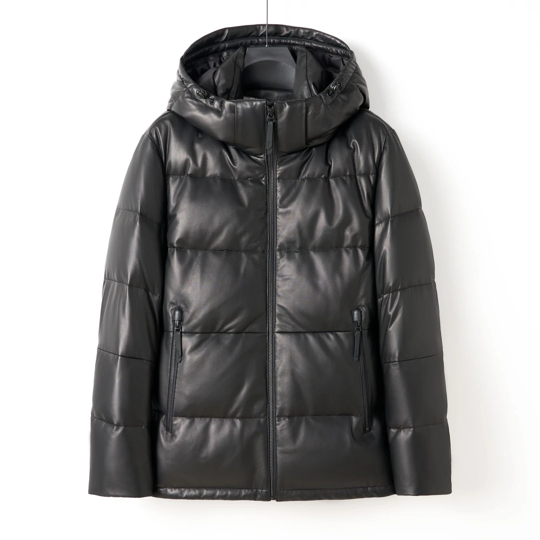 男士宽松厚款真皮头层绵羊皮鹅绒服冬季保暖休闲简约帽子可拆卸