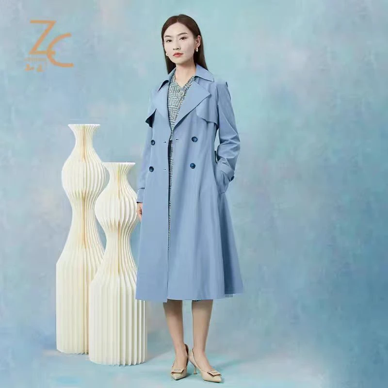 FY006新款通勤蓝色收腰中长款上衣A字风衣外套女