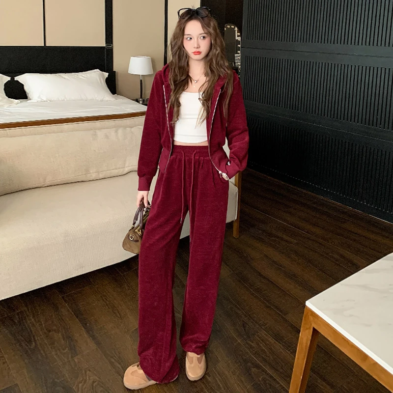 时尚休闲运动套装女春连帽拉链开衫阔腿裤两件套气质优雅显高显瘦