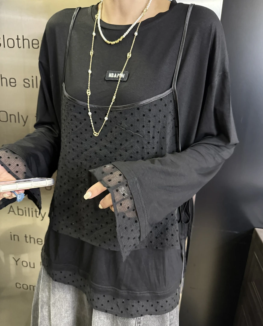 【二婷推荐】25年秋冬季新款欧货拼接网纱假两件圆领T恤9670