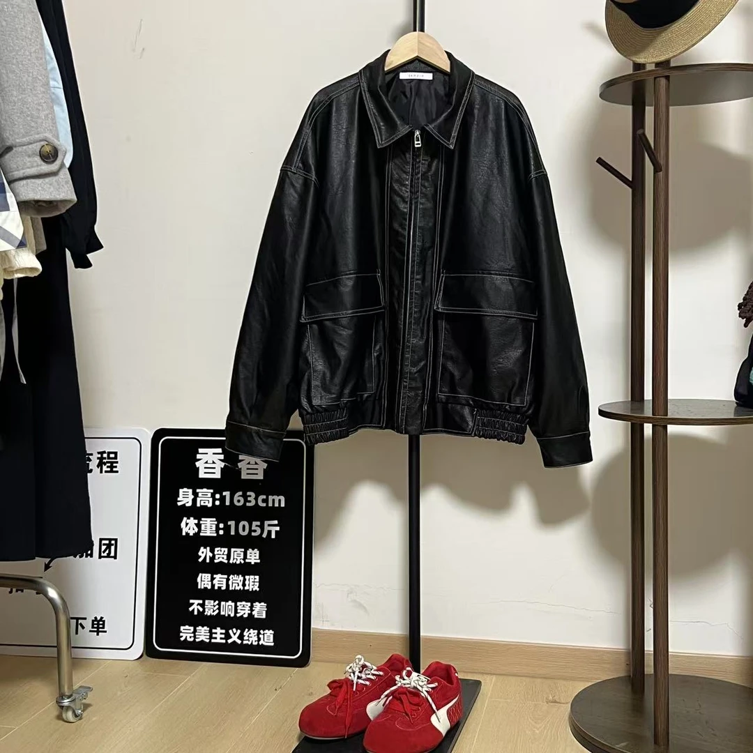 DOB｜日单原单双C 2025春季新款摩登复古人造皮革翻领宽松廓形外套