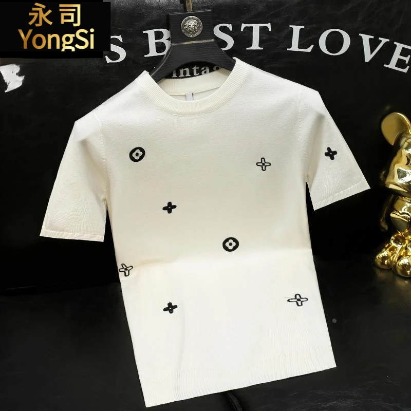 欧洲站男装圆领针织毛衣修身韩版刺绣个性痞帅半袖毛衫春秋新款潮