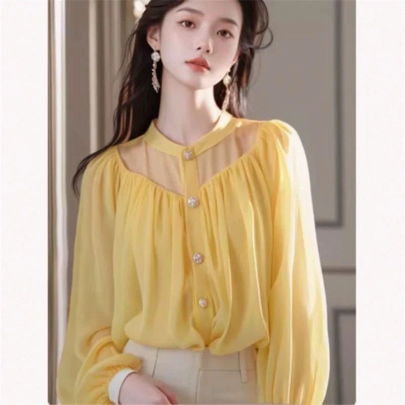 法式雪纺衫女士长袖2025春秋新款绝美显瘦上衣小个子洋气减龄小衫