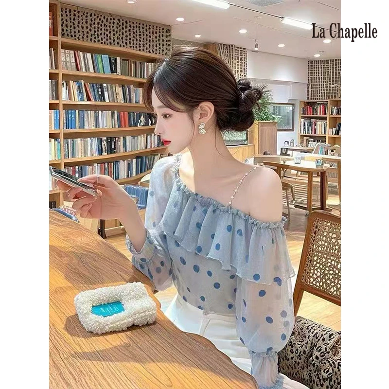 拉夏贝尔蓝色波点荷叶边衬衫2025高级感轻奢减龄洋气气质法式上衣