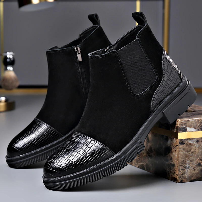 路易圣戈希男款切尔西马丁靴秋冬英伦风绒皮拼接短靴时尚潮流皮靴