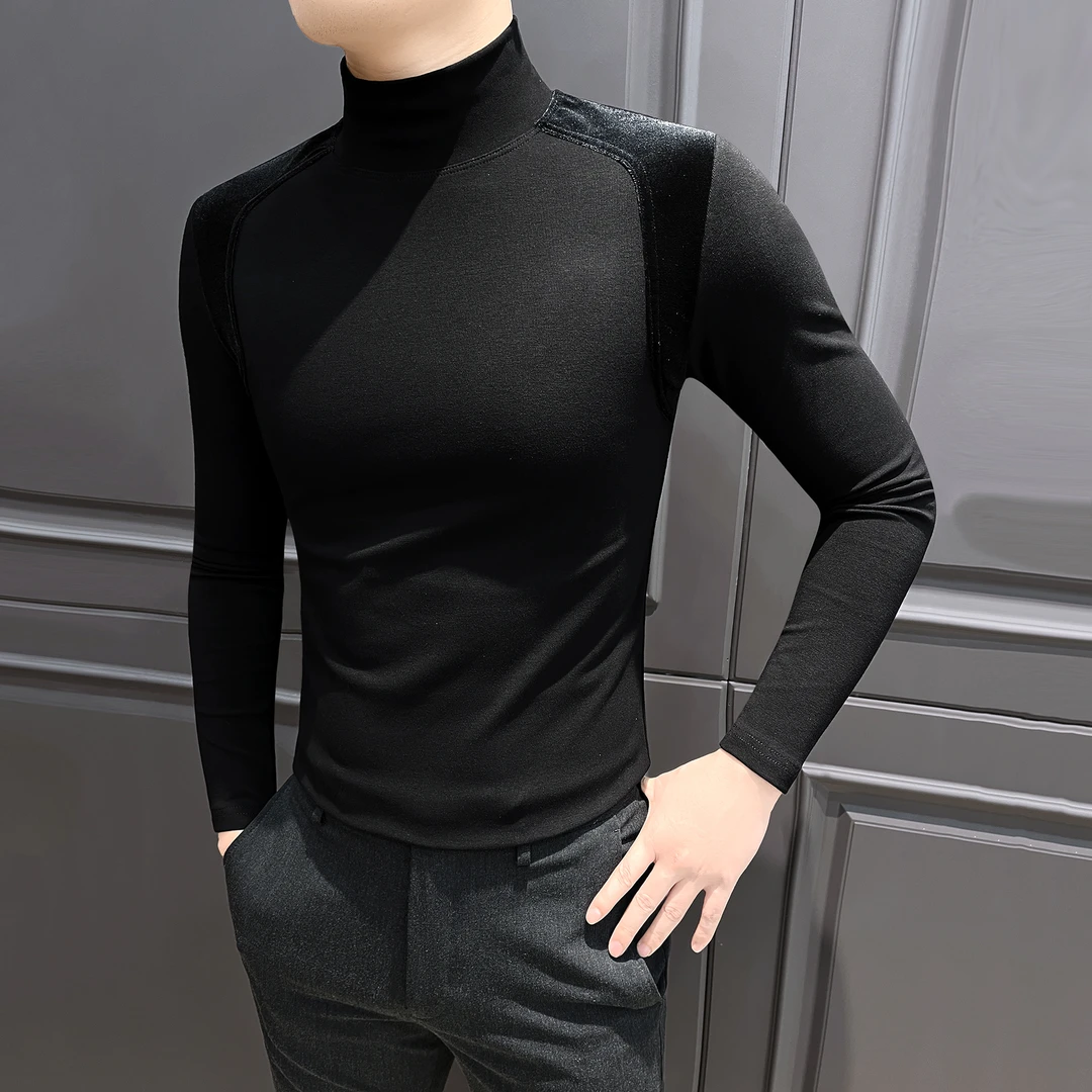 高领男士t恤丝绒爆款2025新款秋冬季休闲牛仔男款拼接长袖打底衫