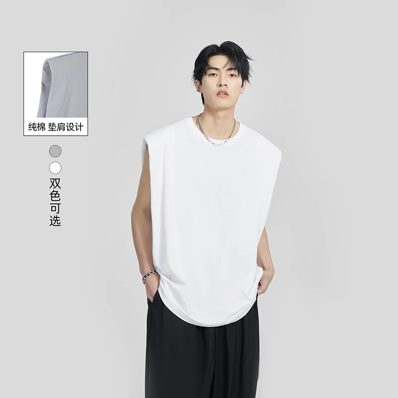 HERBEL/黑白2025夏季男生高档纯色背心坎肩宽松纯棉T恤