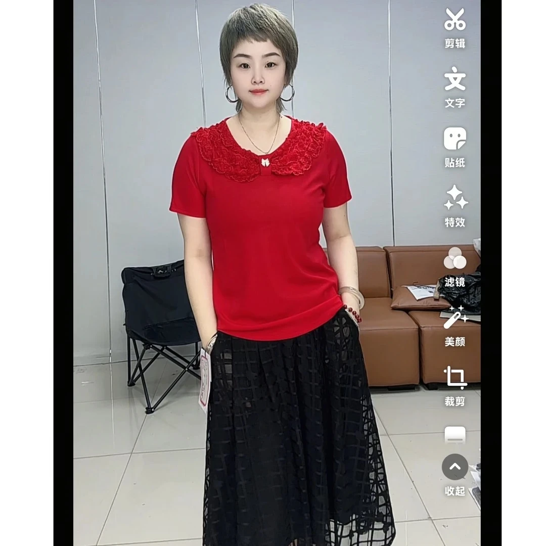 小施家气质特色花边领冰爽显瘦女人味T恤5588