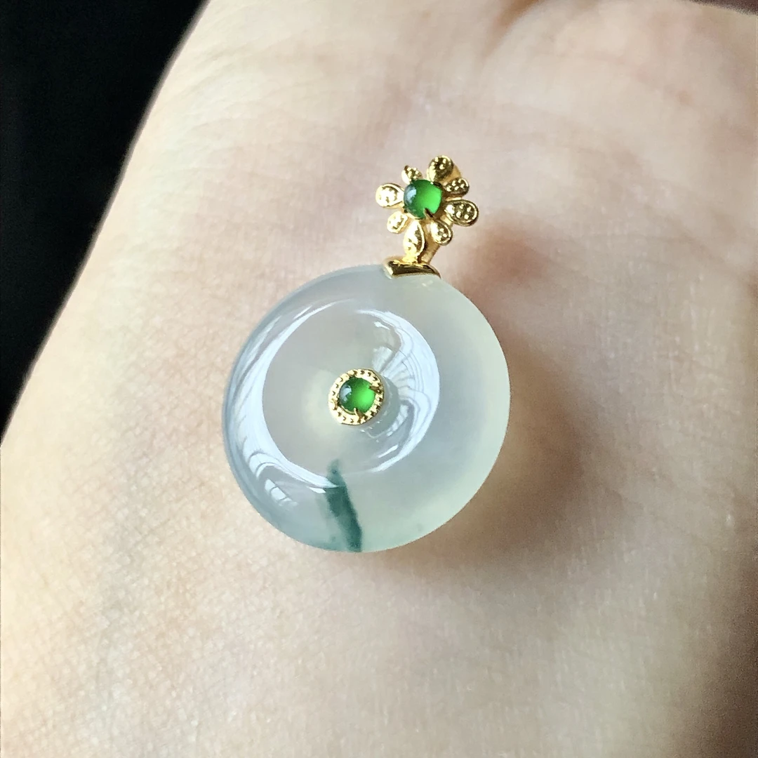 缅甸天然A货翡翠18k金镶嵌老坑冰种飘花平安扣吊坠22/15.7/4.8