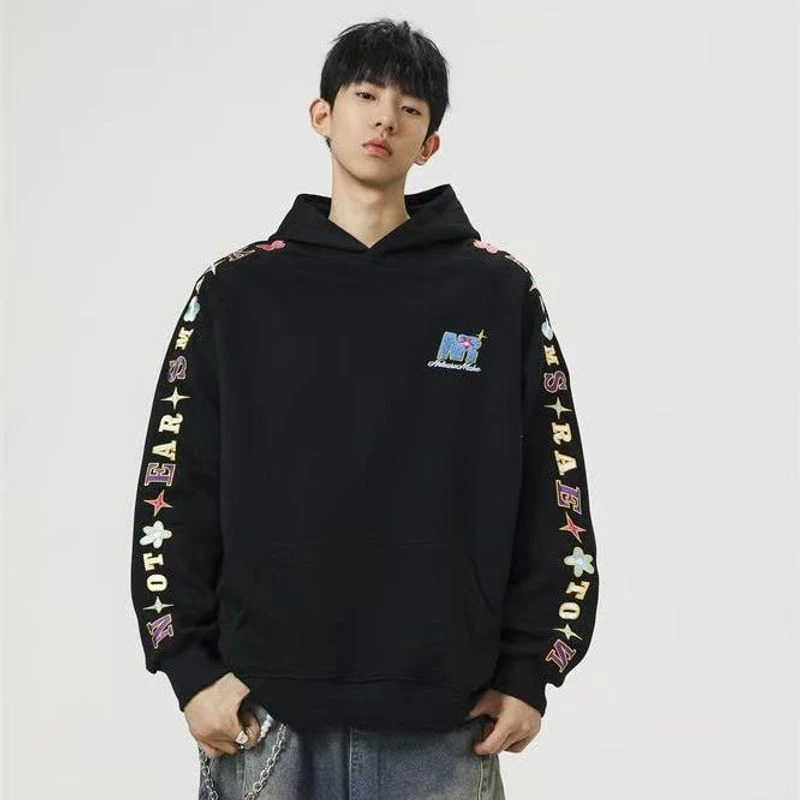 国潮卫衣男款美式高街复古慵懒风连帽刺绣重磅秋冬款帽衫上衣外套