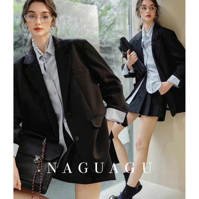 【墨尔本套装】菁选绵羊毛混纺 经典微宽肩廓形西装/百褶A字半裙