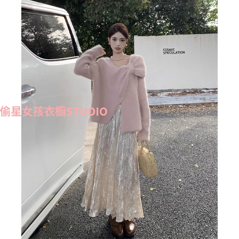 杏色流光褶皱丝绒半身裙女秋冬小个子高腰a字长裙冬季毛衣配半裙