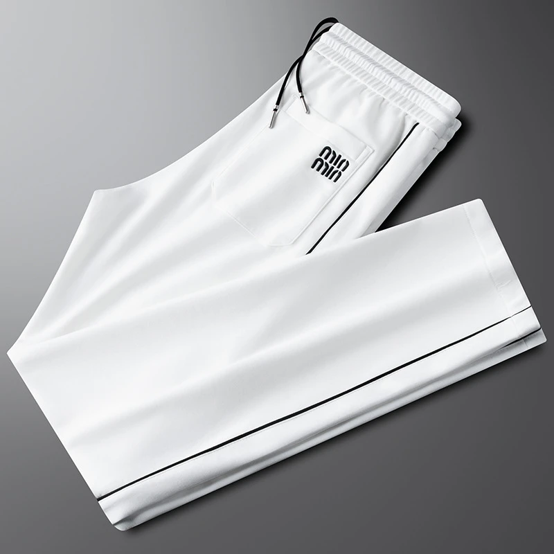 潮牌男装白色休闲运动裤男2025新款春夏季刺绣修身显瘦透气休闲裤