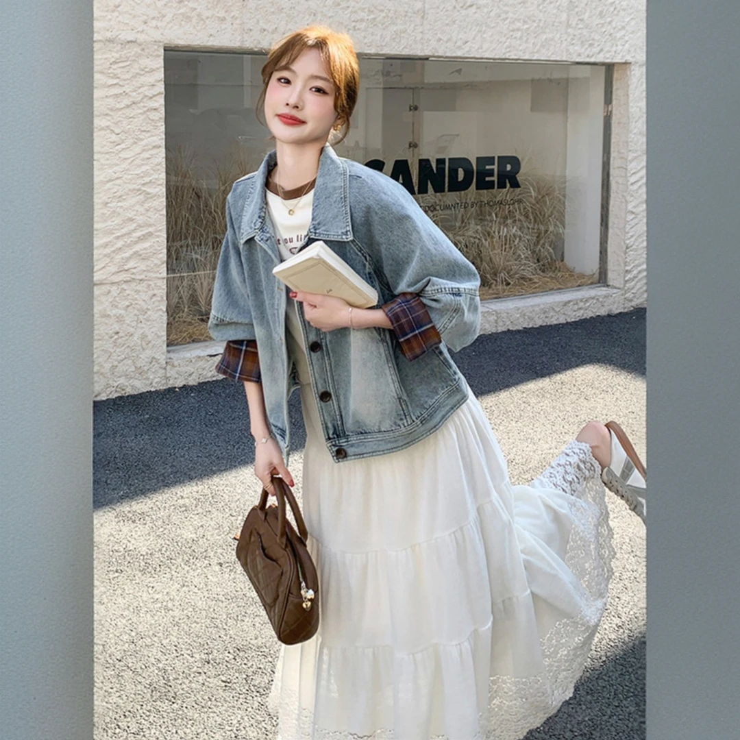 格子拼接牛仔外套女2025新款早春秋休闲宽松复古港味短款夹克上衣