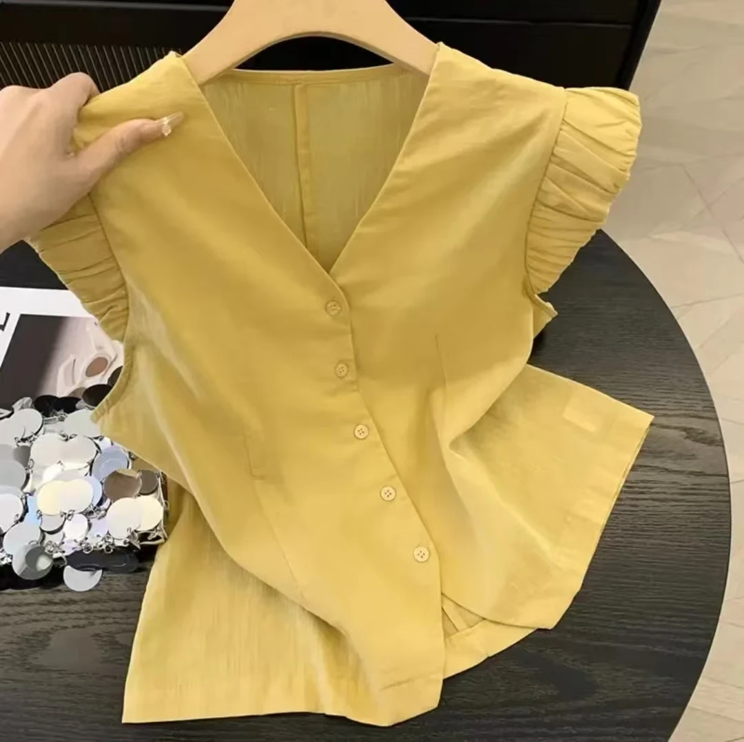 无袖衬衫女上衣飞飞袖宽松韩系衬衫夏季韩版衬衣荷叶边小衫女