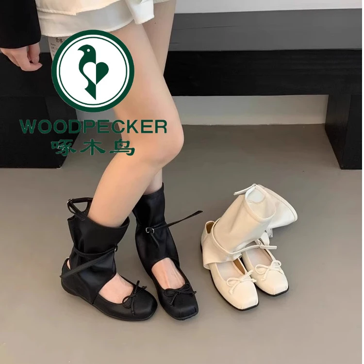 啄木鸟小众设计凉靴女2025新款夏季蝴蝶结芭蕾舞褶皱堆堆靴中筒靴