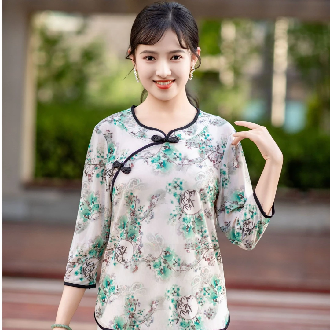 2025年新款新中式洋气妈妈装时尚国风显瘦印花复古上衣圆领长袖