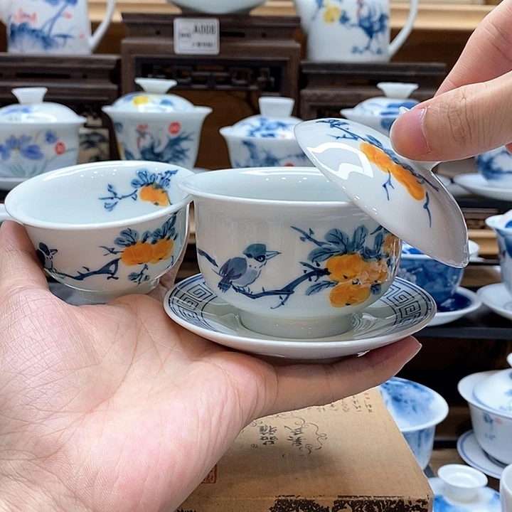 手绘喜柿图160cc盖碗➕压手杯85cc釉下彩微瑕福利款