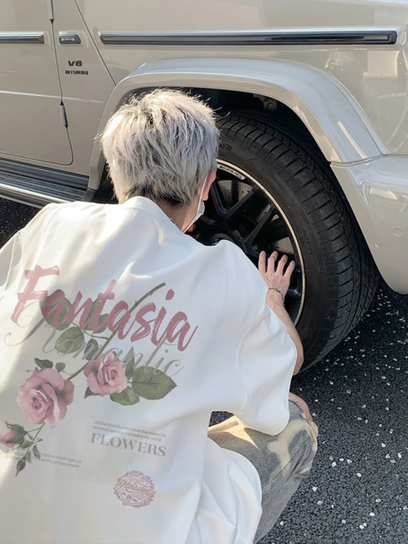 260g重磅100%纯棉重磅hiphop玫瑰花印花美式复古短袖t恤男女夏季