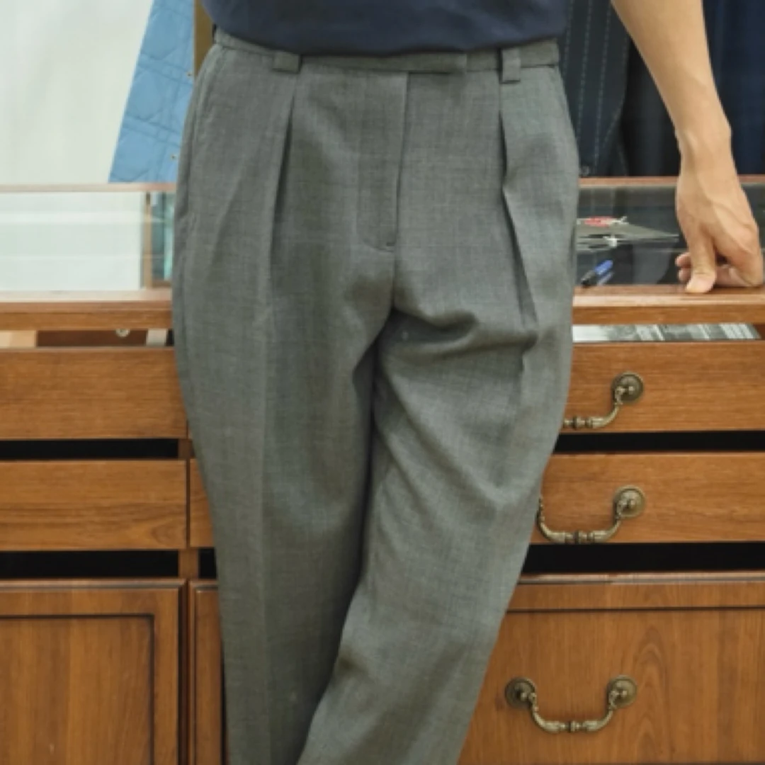 意大利灰色鸟眼透气羊毛休闲长裤