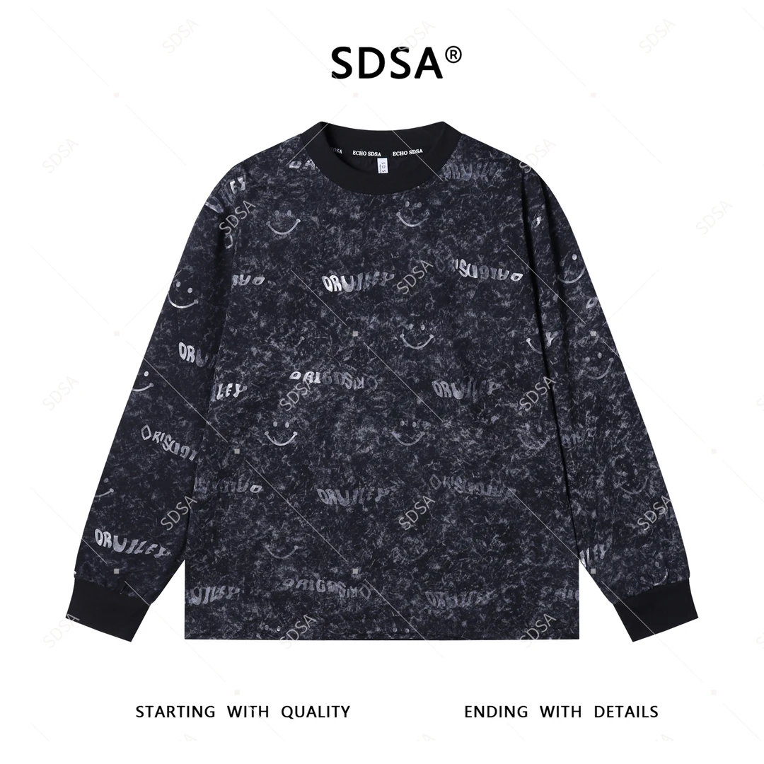 SDSA男士秋冬新款轻奢痞帅男装笑脸字母印花圆领短袖T恤扎染潮牌