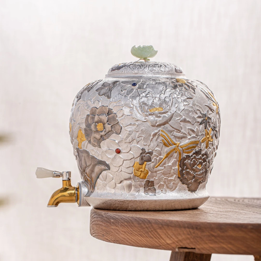 蜂鸟工坊 出口 荷花玉钮錾刻万花嵌金做旧水缸  FNNA1864