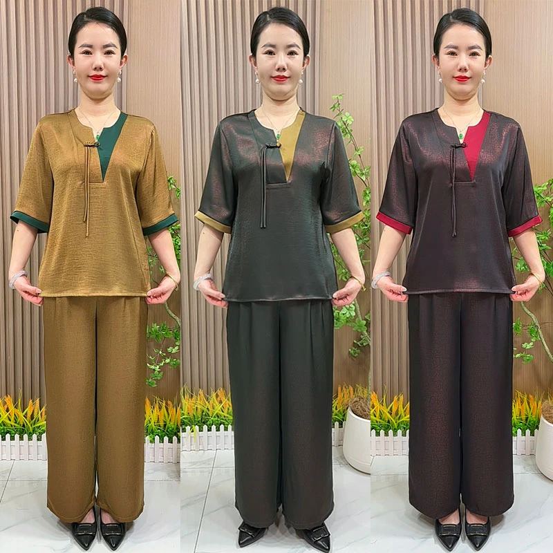 妈妈夏装洋气套装2025新款中老年女装大码宽松V领气质拼色两件套