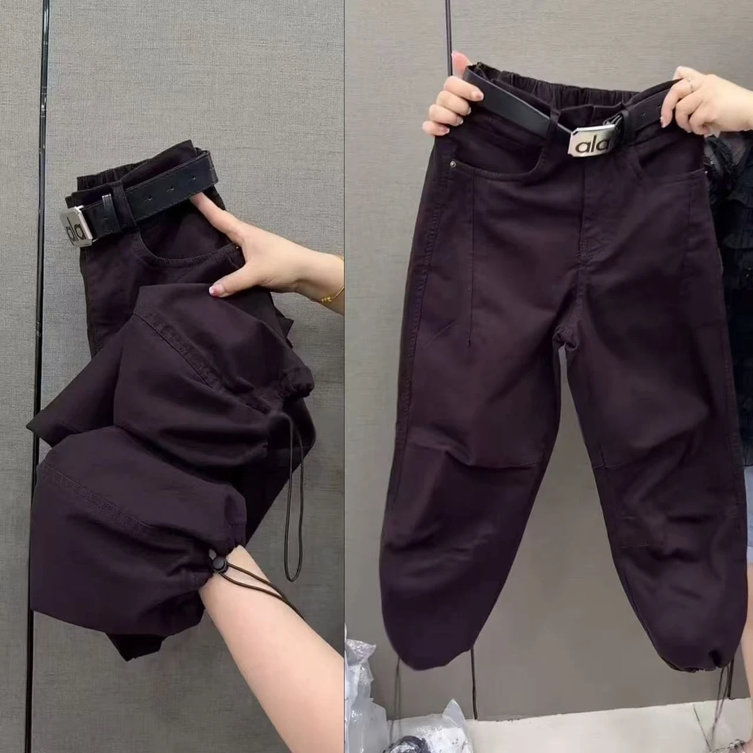 欧货弯刀牛仔裤女2025年秋季新款设计感抽绳宽松遮肉九分工装裤子