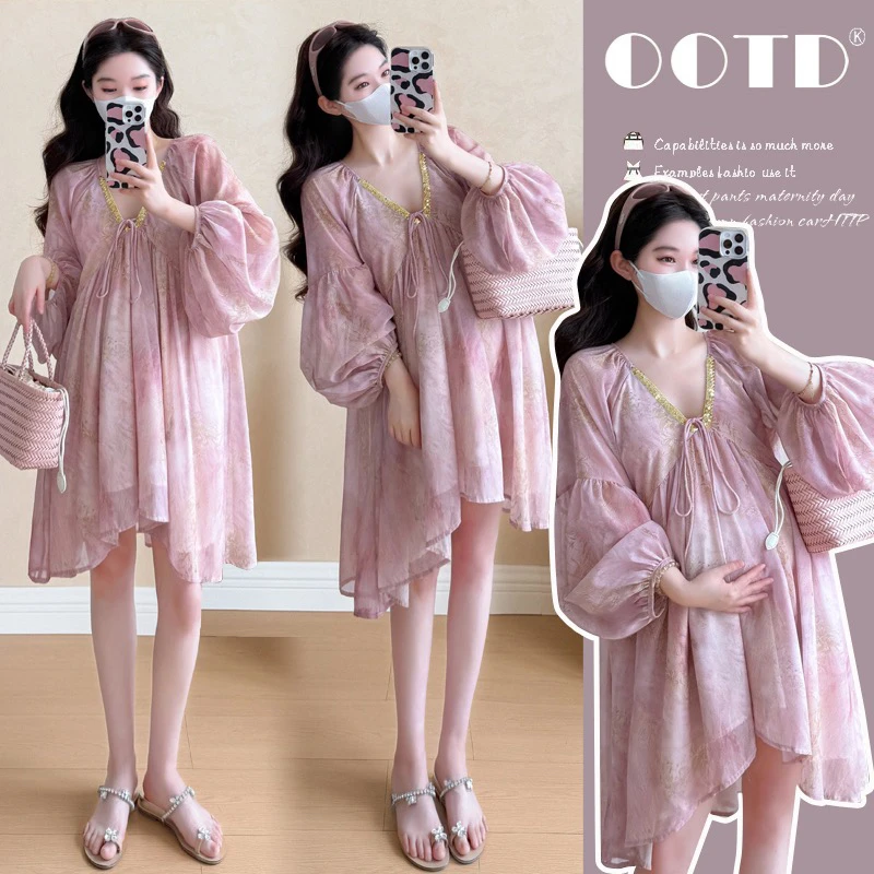 孕妇装夏季新款仙女氛围感重工钉珠显白温柔度假连衣裙