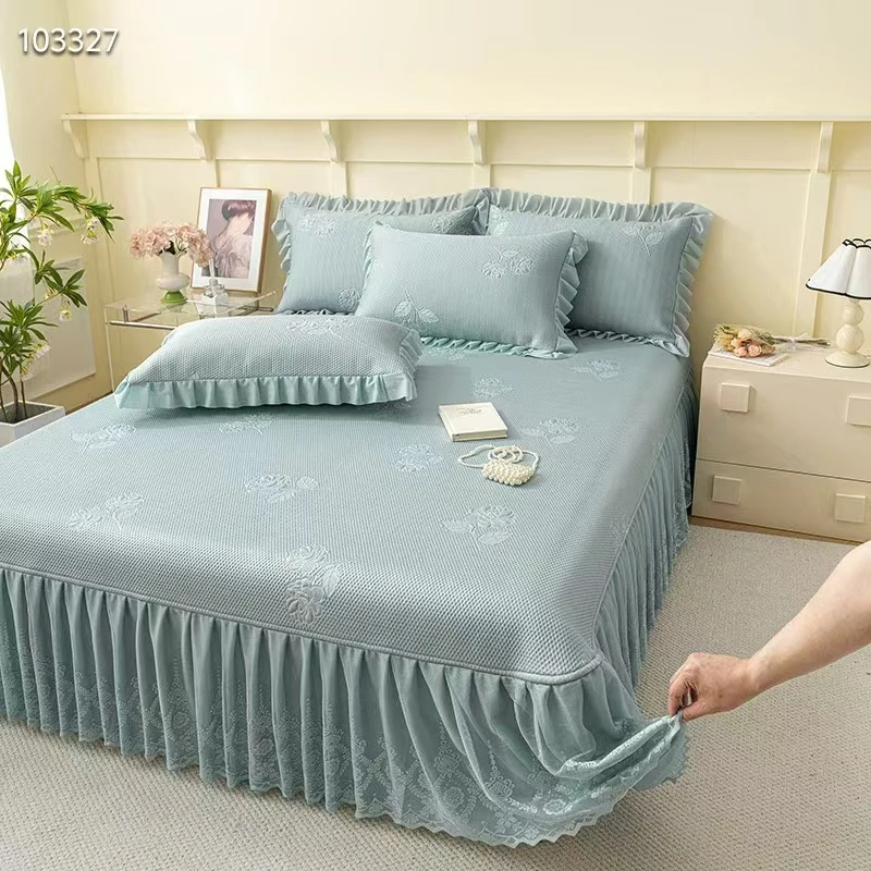 冰豆豆凉席三件套韩版床裙款夏季可机洗空调席凉感软席子乙纶