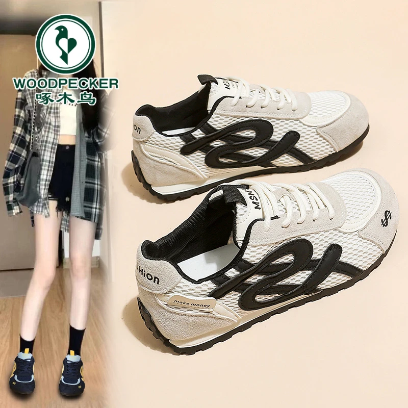 啄木鸟网面德训鞋女2025秋季新款厚底百搭轻便透气休闲运动阿甘鞋