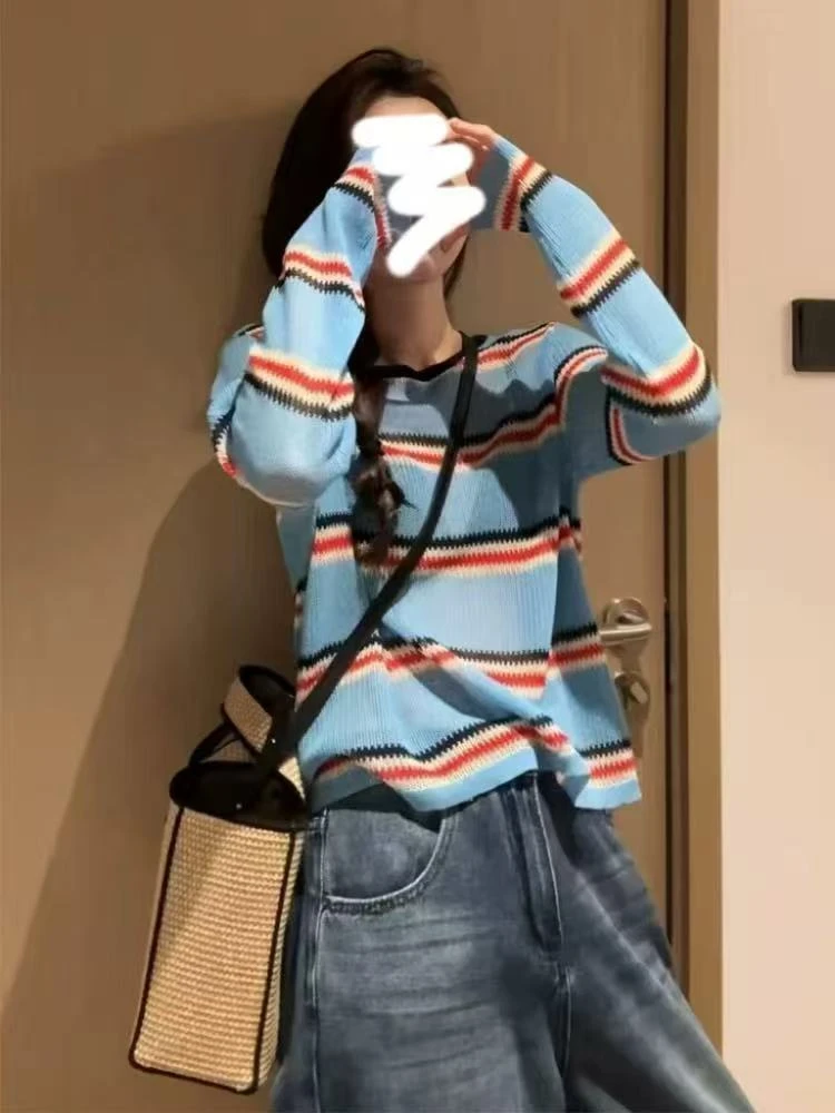 大媛家25夏【撞色彩条】短款冰麻针织防晒上衣女条纹圆领百搭韩版