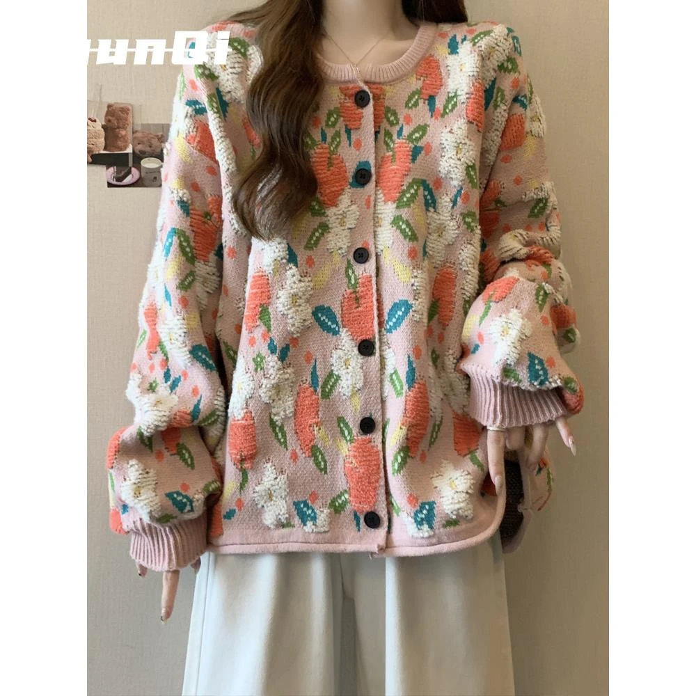 淳启秋冬女设计花粉色毛衣夹克加码胖mm显瘦懒散风格外针织开衫潮