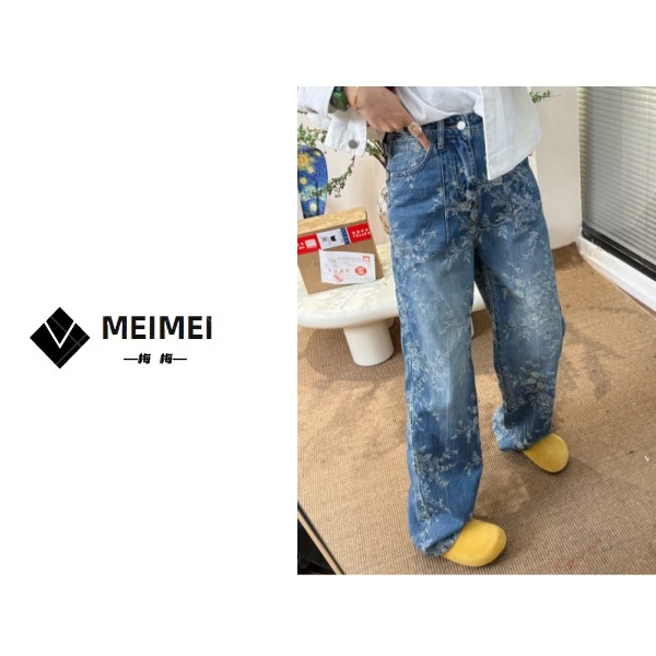 XMM【花卉提花直筒裤】时尚百搭潮流显瘦休闲春夏宽松夏季水洗99020