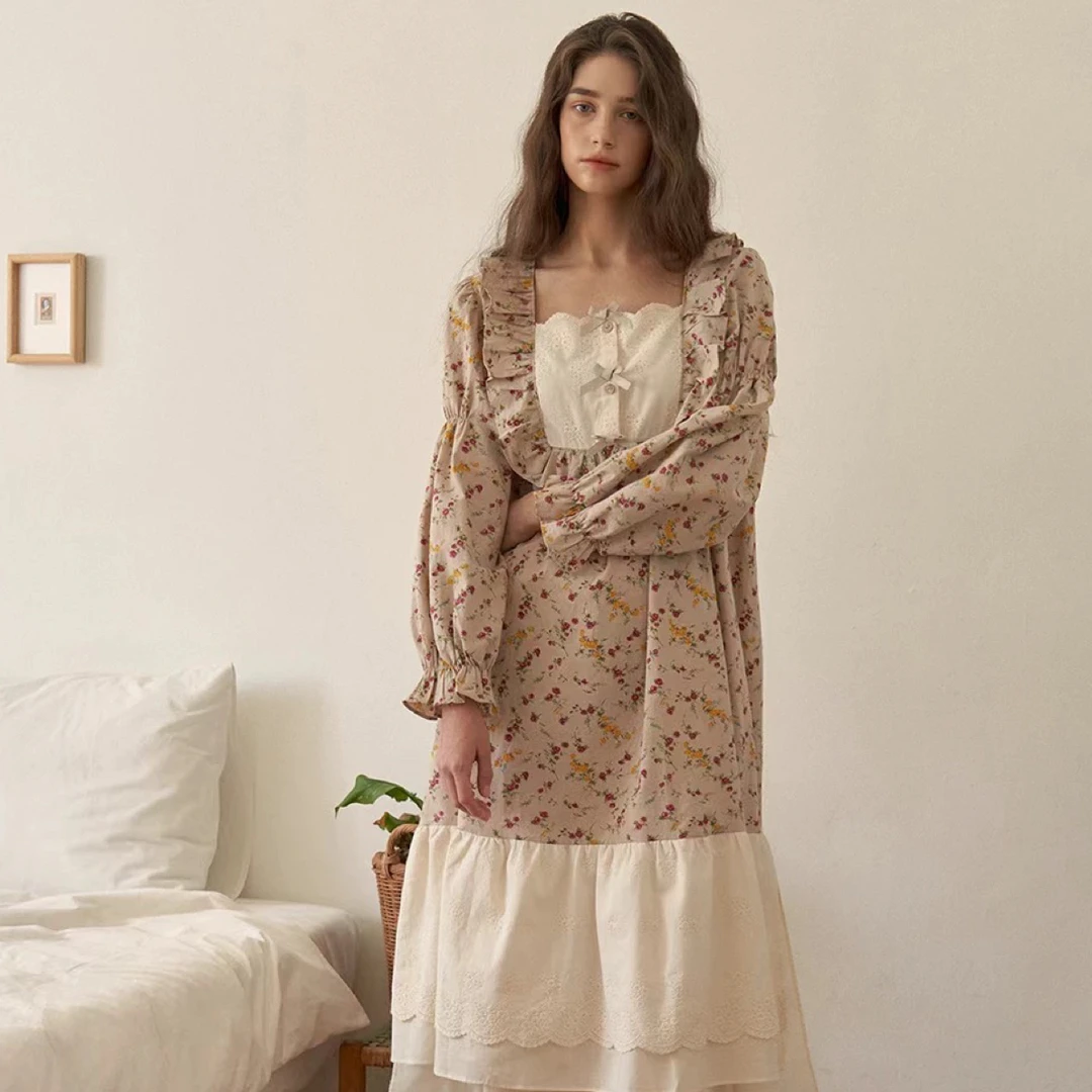 ULLALA  乌拉拉睡裙秋冬 棉甜美碎花蕾丝边方领 睡裙女