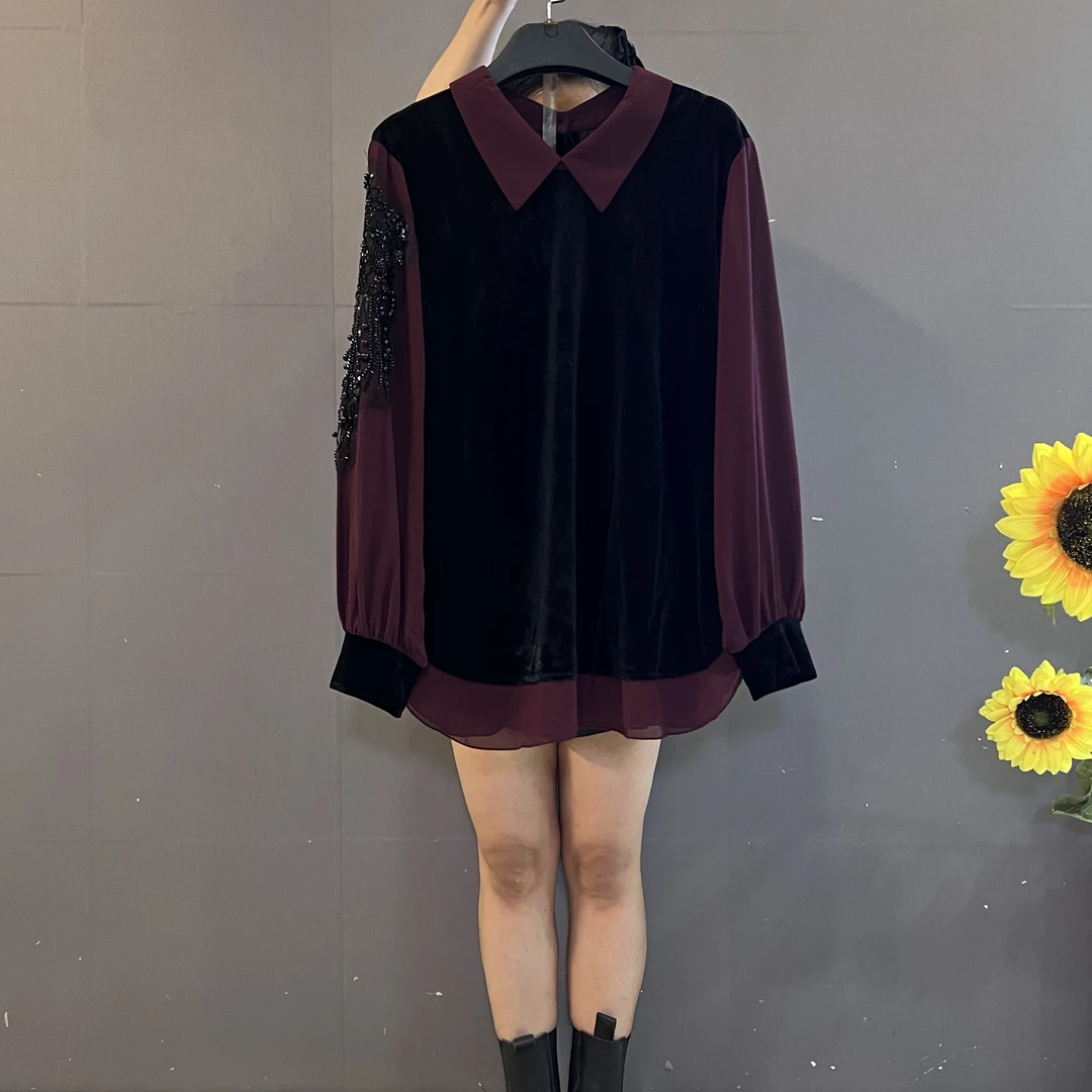 早秋新款时尚撞色拼接假两件翻领重工钉珠显瘦遮肉洋气大衫