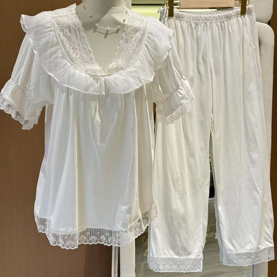 荷叶蕾丝v领纯欲风睡衣女夏季短袖长裤宫廷款夏天高级感家居服