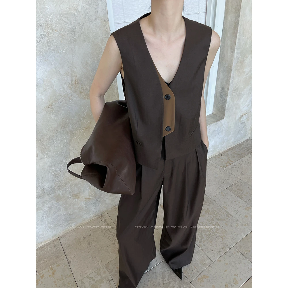 JCCC影子【摩卡交织】咖色气质V领无袖马甲长裤套装JE5ASH10