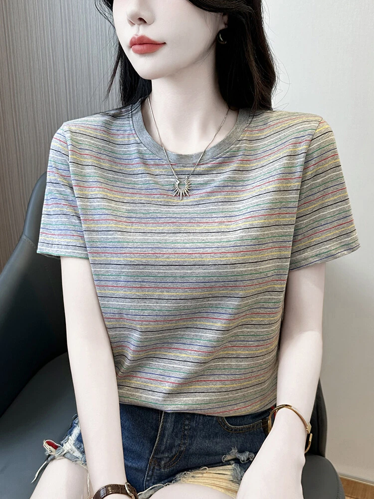 青少年短袖t恤女2025新款时尚条纹半袖体恤衫夏季宽松正肩上衣