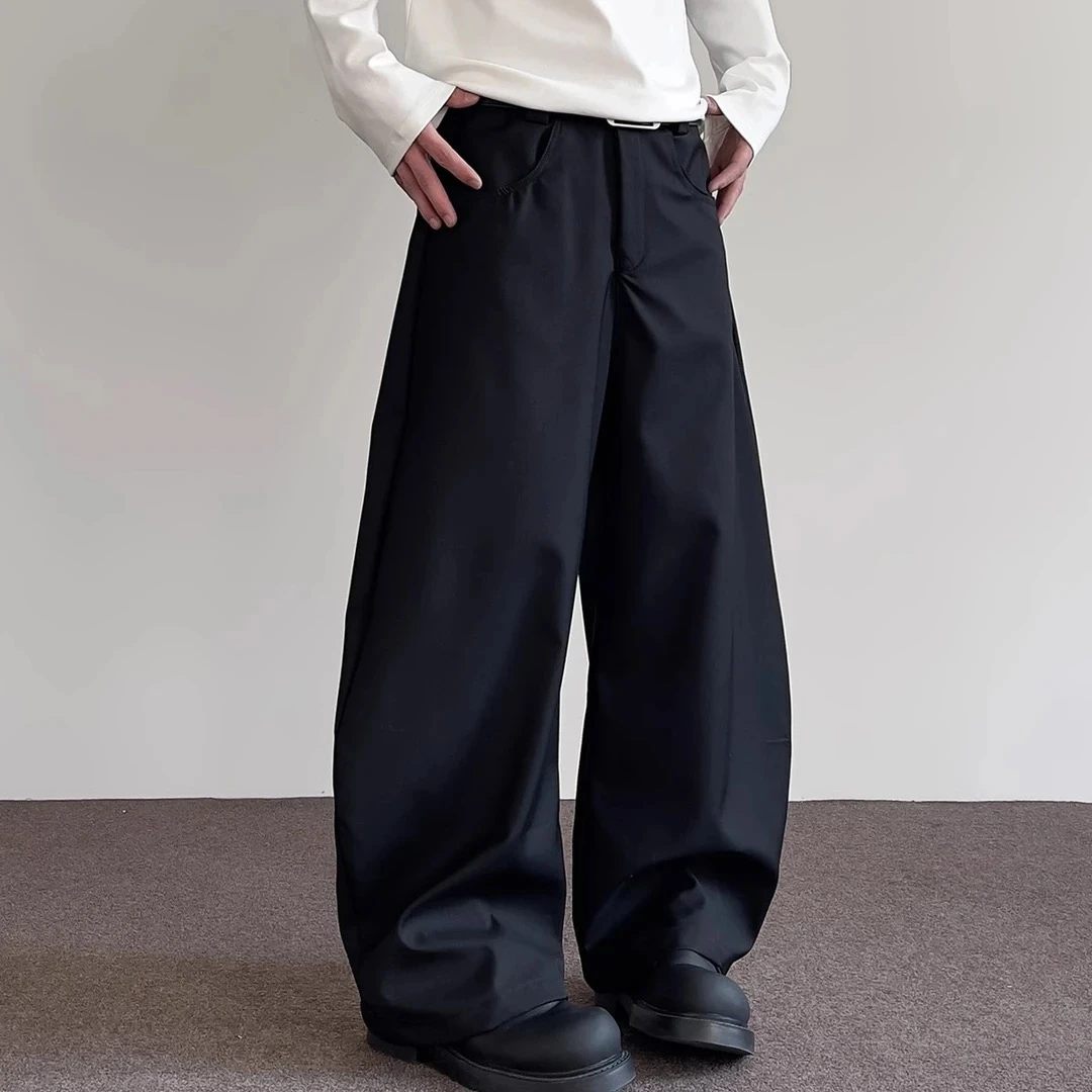 美式休闲褶皱弯刀西裤新款复古宽松cleanfit男女高级感直筒长裤潮