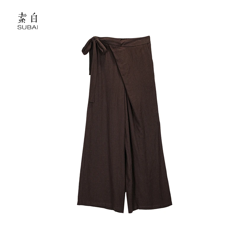 素白【异咖】肌理感亚麻时尚个性系带咖色休闲裤K01444