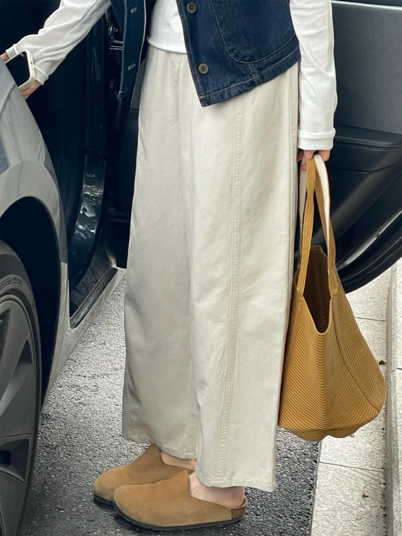 日系风杏色阔腿奶奶裤子女秋季胖mm宽松显瘦小个子直筒九分休闲裤