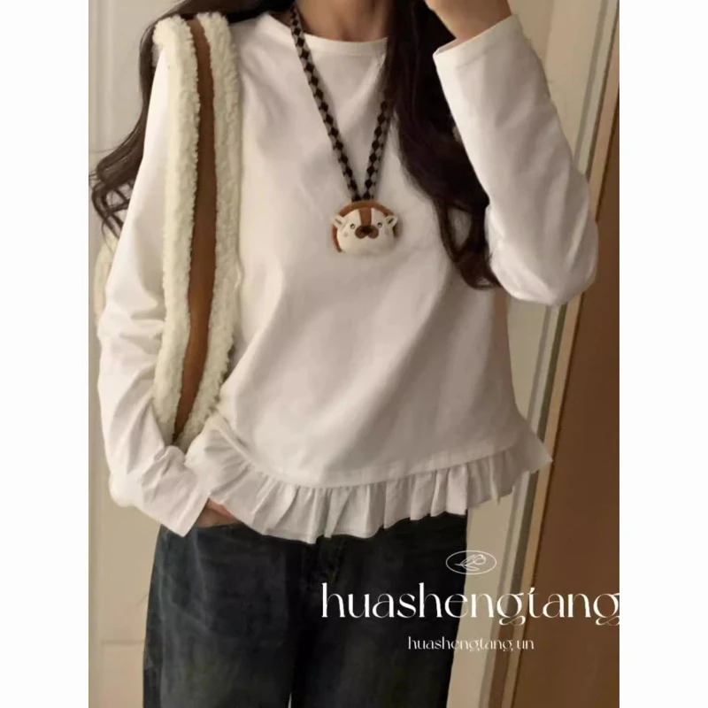 白色减龄长袖T恤秋冬新款打底衫ins韩系圆领内搭花边宽松显瘦上衣