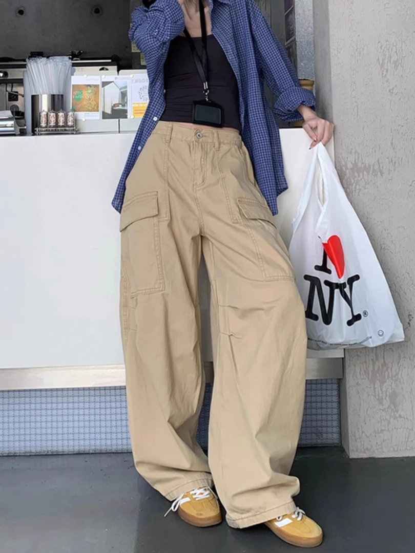 重工工装裤卡其色工装阔腿裤女2025春季新款美式宽松显瘦休闲直筒