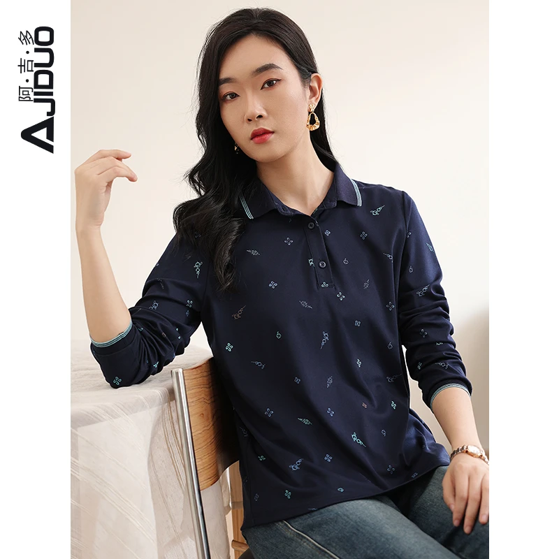 阿吉多长袖t恤女2025春季新款螺纹撞色中老年妈妈polo衫大码上衣